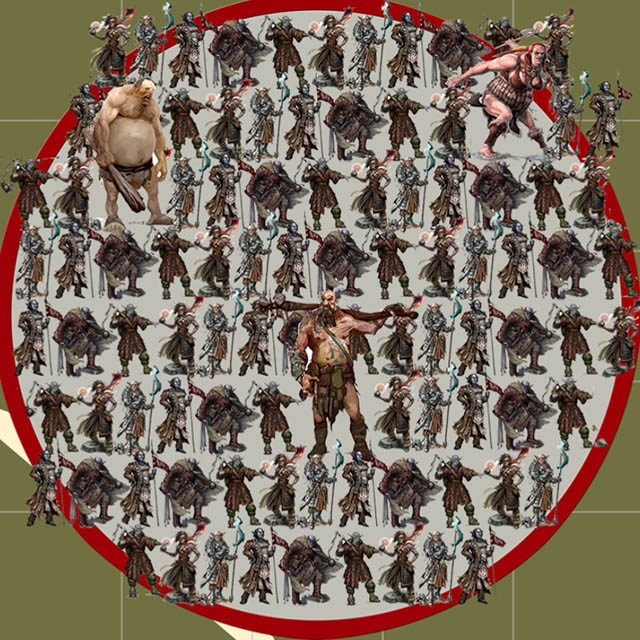 A game token depicting over a 100 hobgoblins and giants.